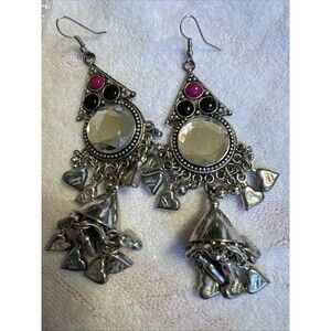Vintage Cadensa Paris Chandelier Drop Earrings Silver Tone Heart Charms